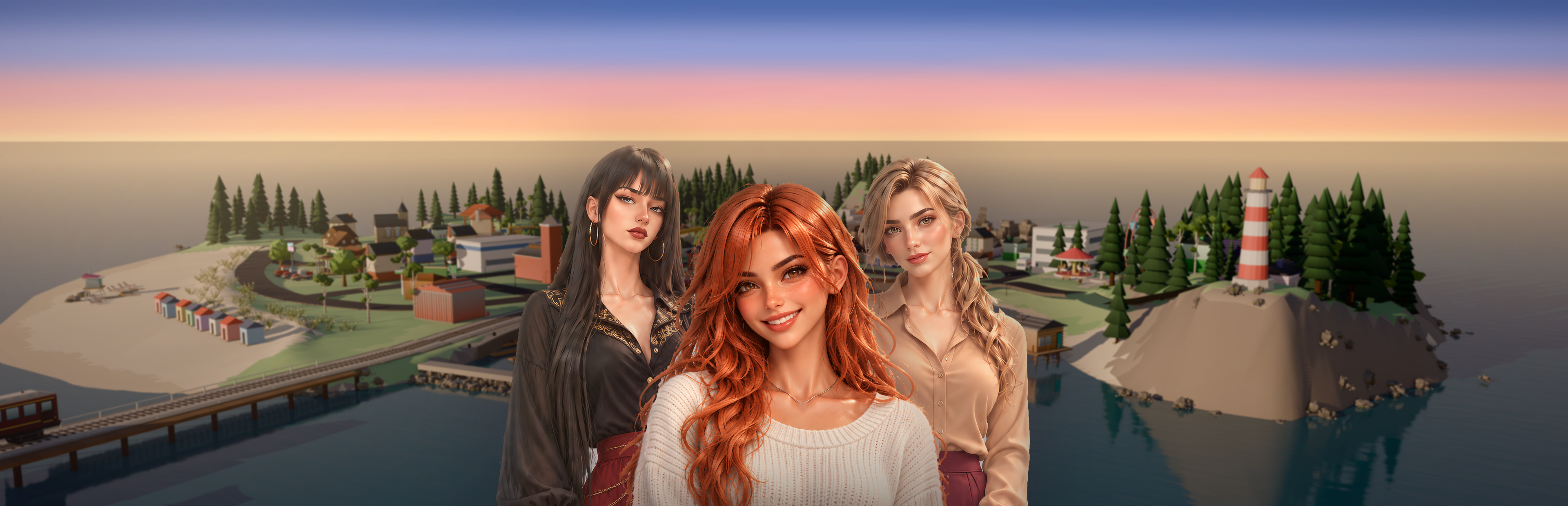 Characters from Heart Dossier on their island, with a lighthouse overlooking the sea